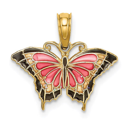 14K Yellow Gold Small Enameled Pink Butterfly