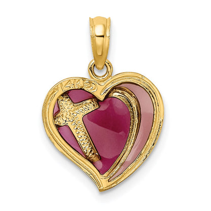 14K Yellow Gold W/ Purple Enamel Cross Heart Charm