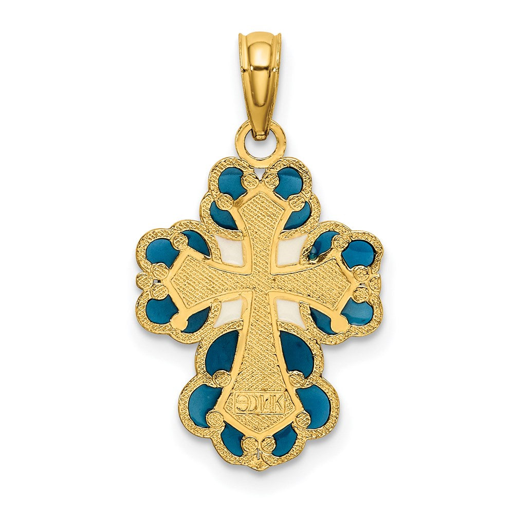 14K Yellow Gold Blue, White And Red Enameled W/ Lace Trim Cross Charm