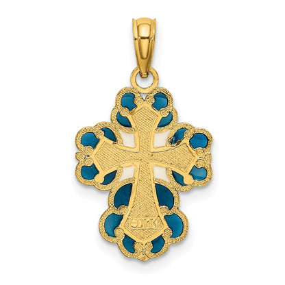 14K Yellow Gold Blue, White And Red Enameled W/ Lace Trim Cross Charm