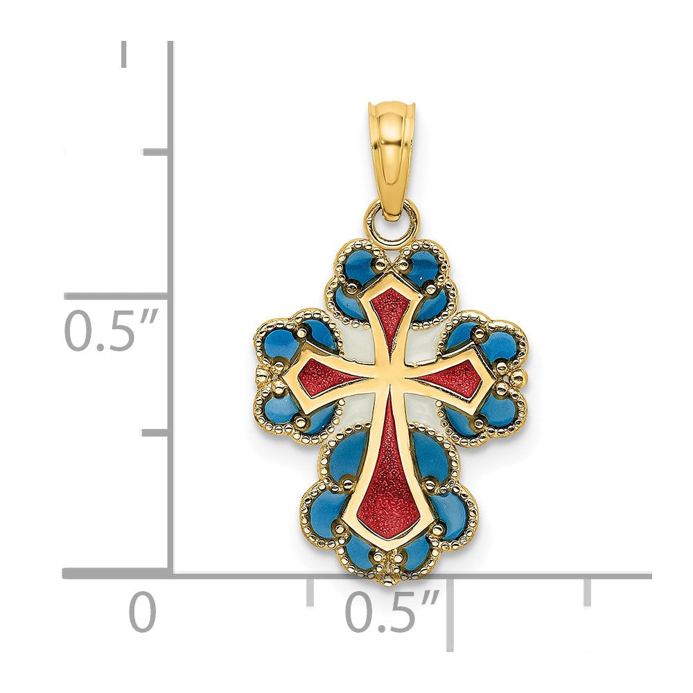 14K Yellow Gold Blue, White And Red Enameled W/ Lace Trim Cross Charm