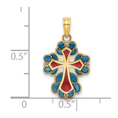 14K Yellow Gold Blue, White And Red Enameled W/ Lace Trim Cross Charm