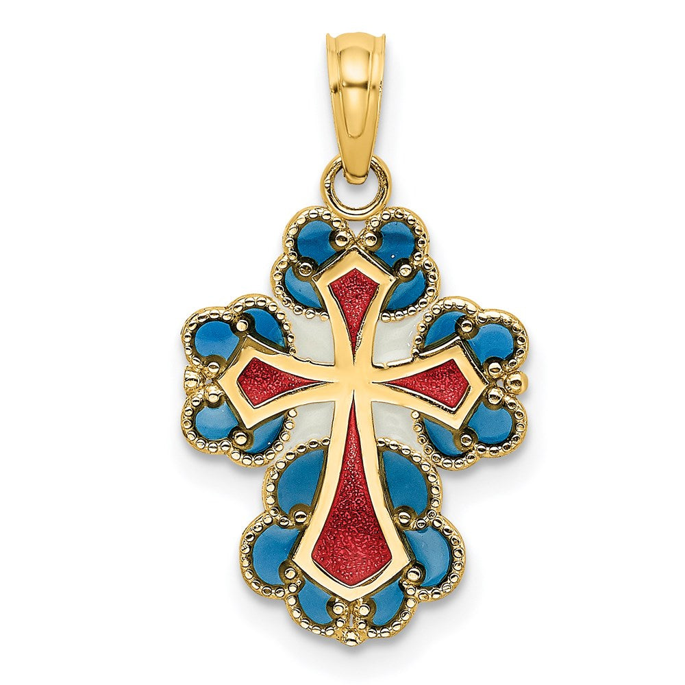 14K Yellow Gold Blue, White And Red Enameled W/ Lace Trim Cross Charm