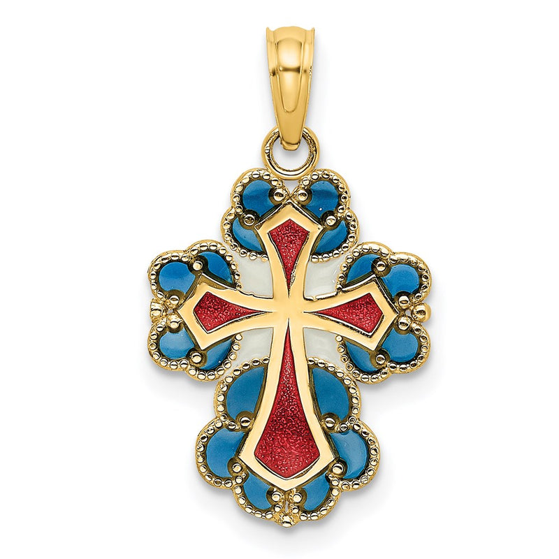 14K Yellow Gold Blue, White And Red Enameled W/ Lace Trim Cross Charm