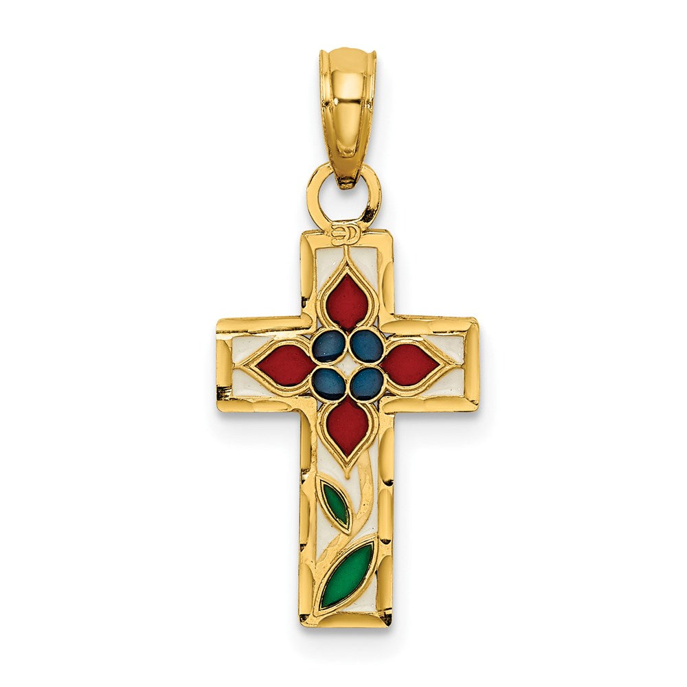 14K Yellow Gold Enameled W/ Flower Cross Charm