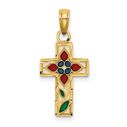 14K Yellow Gold Enameled W/ Flower Cross Charm