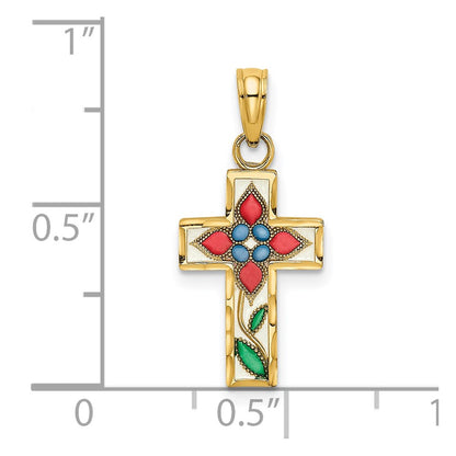 14K Yellow Gold Enameled W/ Flower Cross Charm