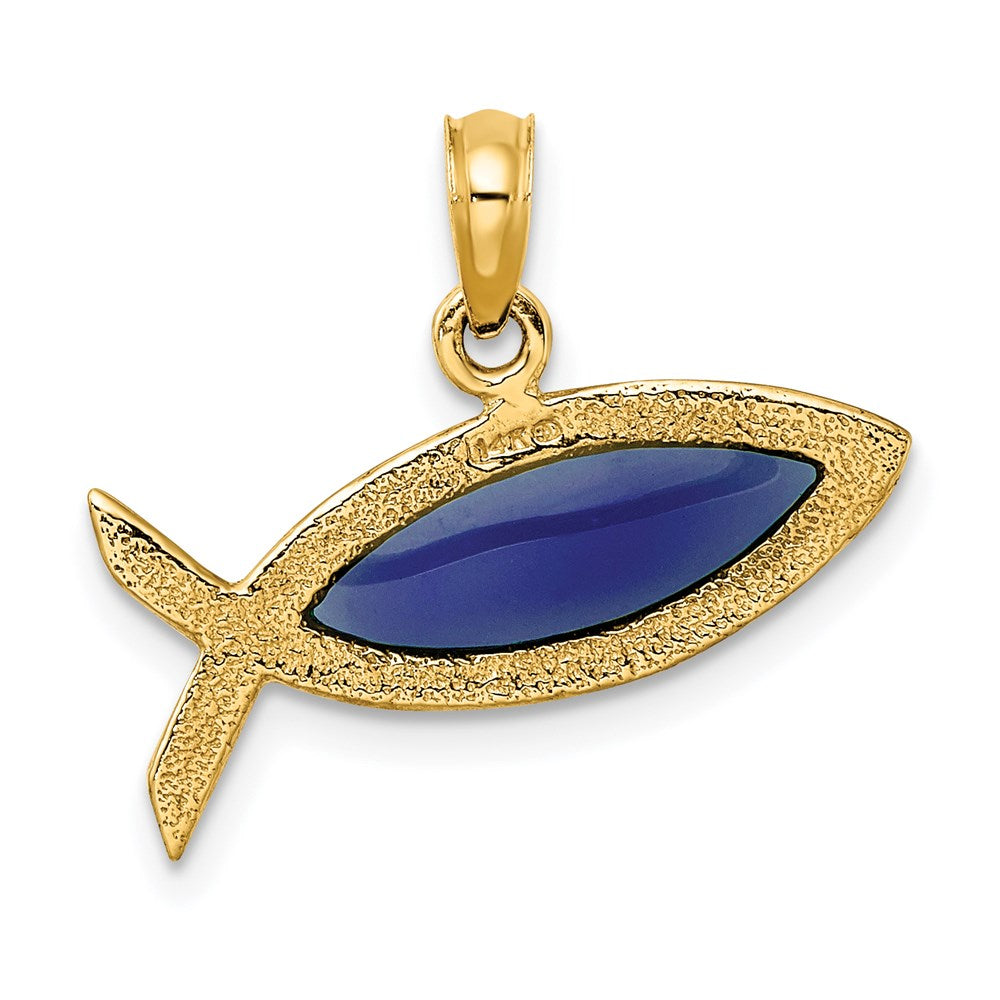 14K Yellow Gold Horizontal Blue Enameled Ichthus Charm