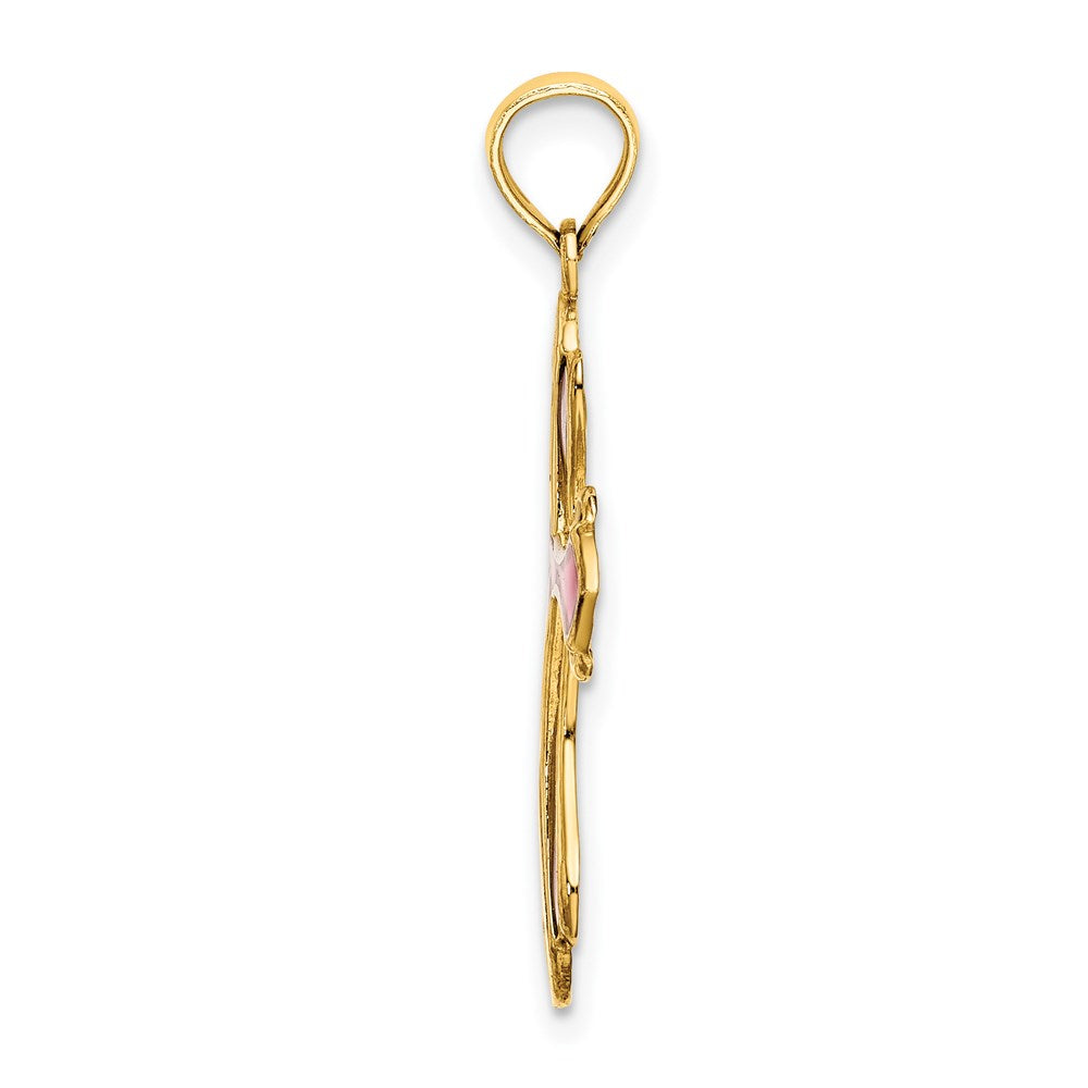 14K Yellow Gold Pink And Purple Enameled Cross Charm