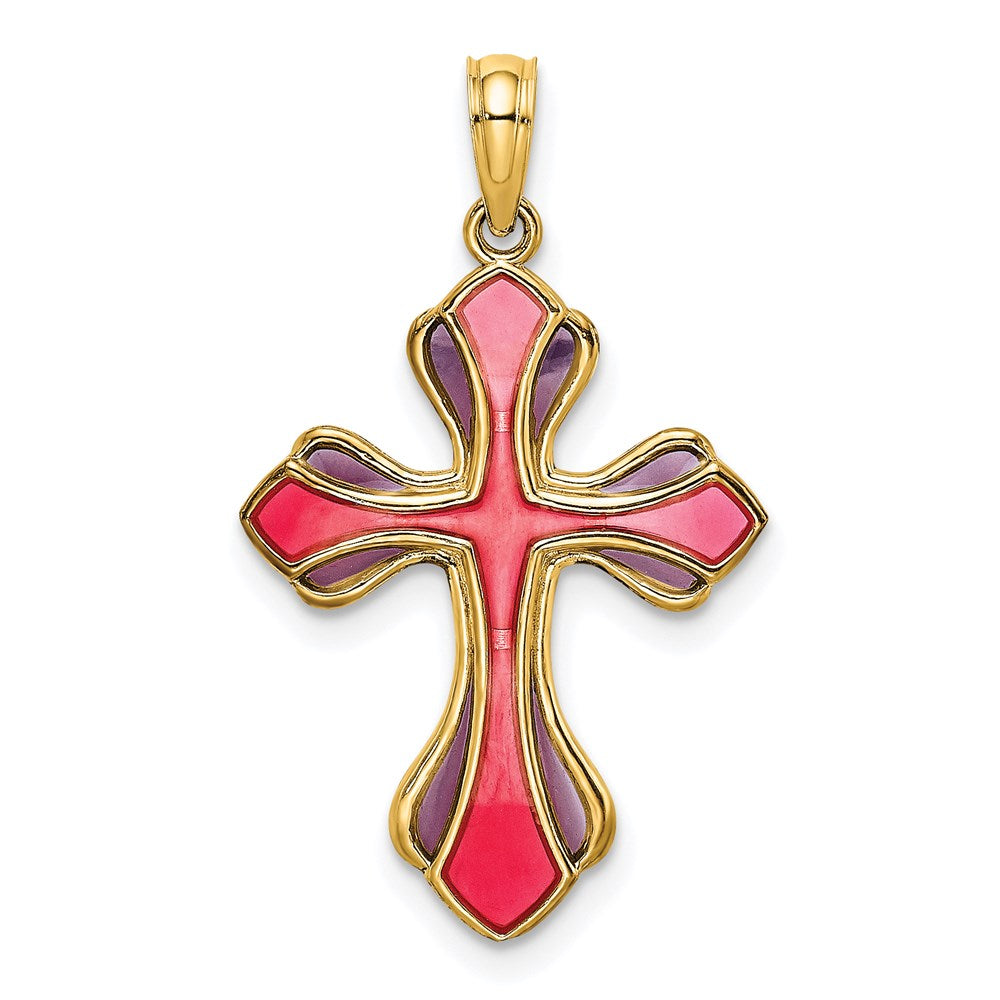 14K Yellow Gold Pink And Purple Enameled Cross Charm
