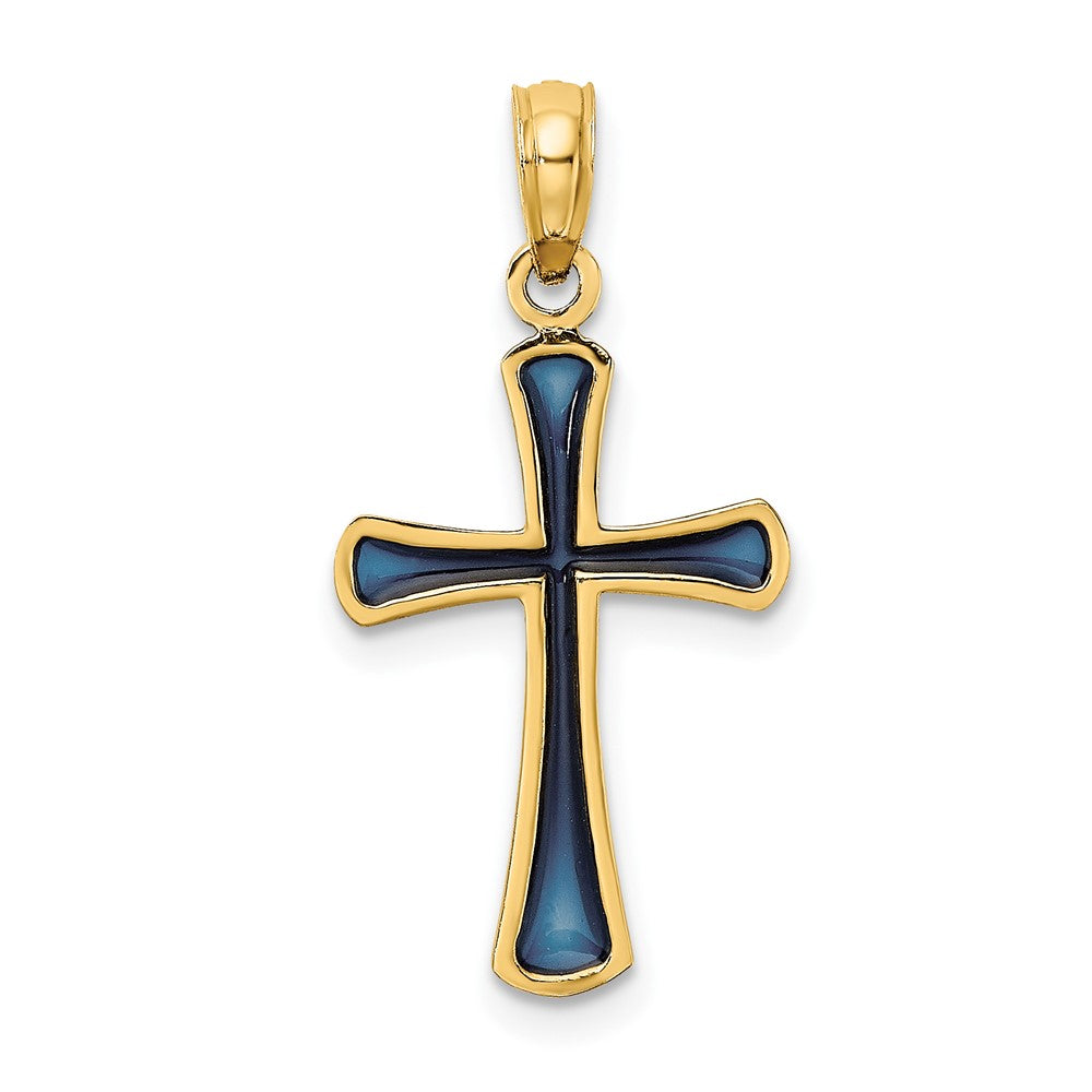 14K Yellow Gold Blue Enameled Tapered Cross Charm