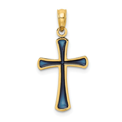 14K Yellow Gold Blue Enameled Tapered Cross Charm
