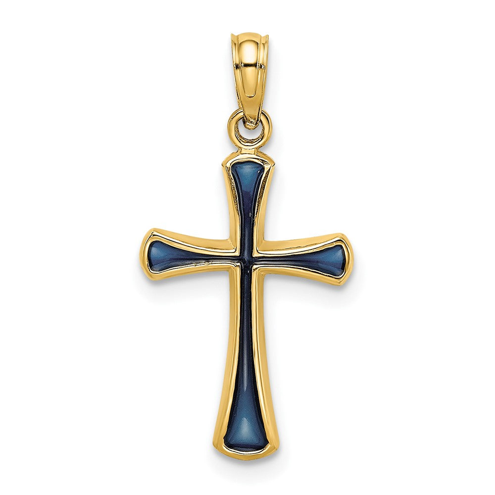 14K Yellow Gold Blue Enameled Tapered Cross Charm
