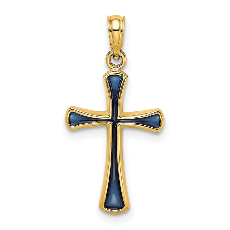 14K Yellow Gold Blue Enameled Tapered Cross Charm