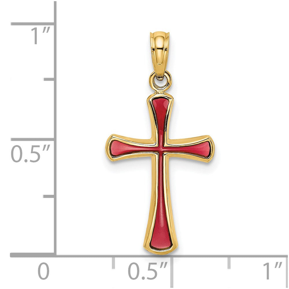14K Yellow Gold Pink Enameled Tapered Cross Charm