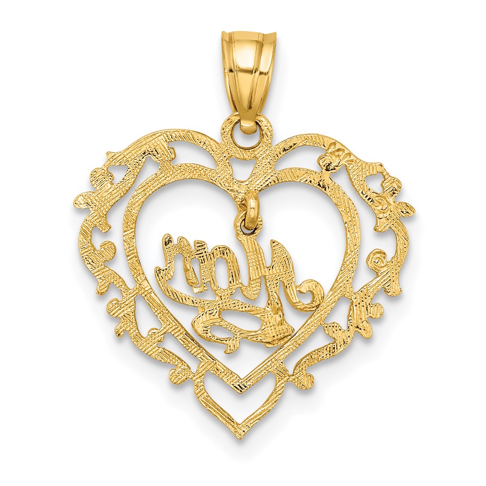 14K Yellow Gold Polished Mom Dangle In Fancy Heart Pendant
