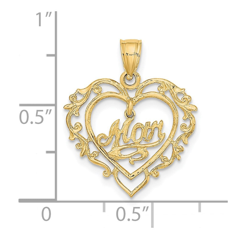 14K Yellow Gold Polished Mom Dangle In Fancy Heart Pendant