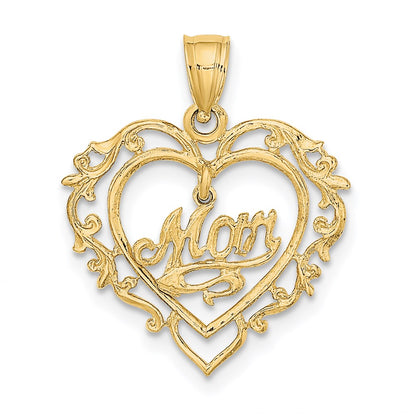 14K Yellow Gold Polished Mom Dangle In Fancy Heart Pendant