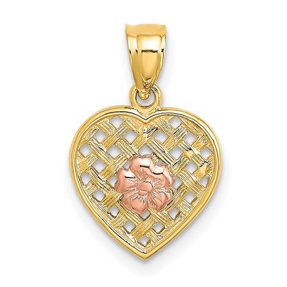 14K Two-Tone Two Tone Flower On Woven Heart Charm