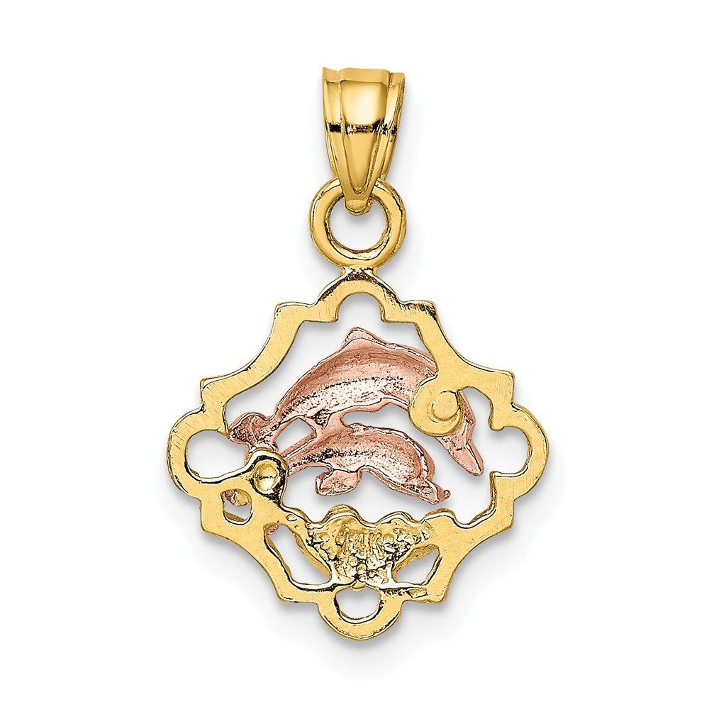 14K Two-Tone With White Rhodium Double Dolphins In Frame Charm