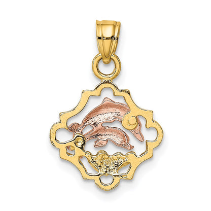 14K Two-Tone With White Rhodium Double Dolphins In Frame Charm