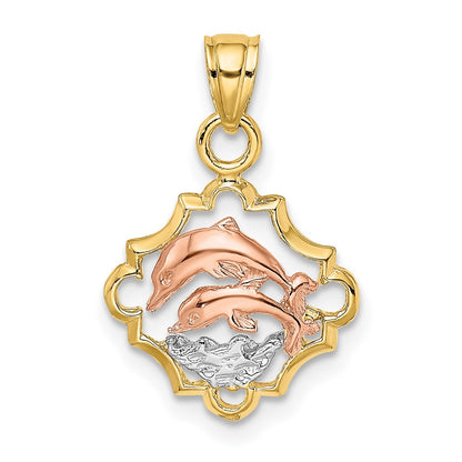 14K Two-Tone With White Rhodium Double Dolphins In Frame Charm