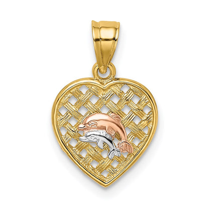14K Two-Tone W/White Rhodium Double Dolphins On Woven Heart Charm