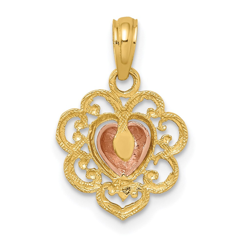 14K Two-Tone Yellow And Rose Polished Textured Heart Charm