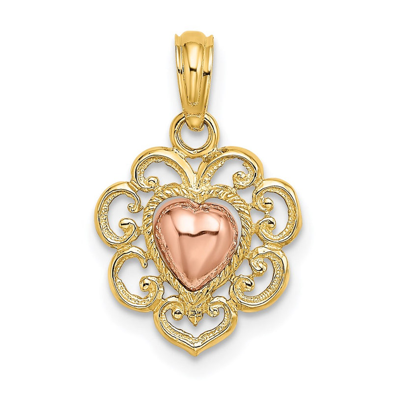 14K Two-Tone Yellow And Rose Polished Textured Heart Charm