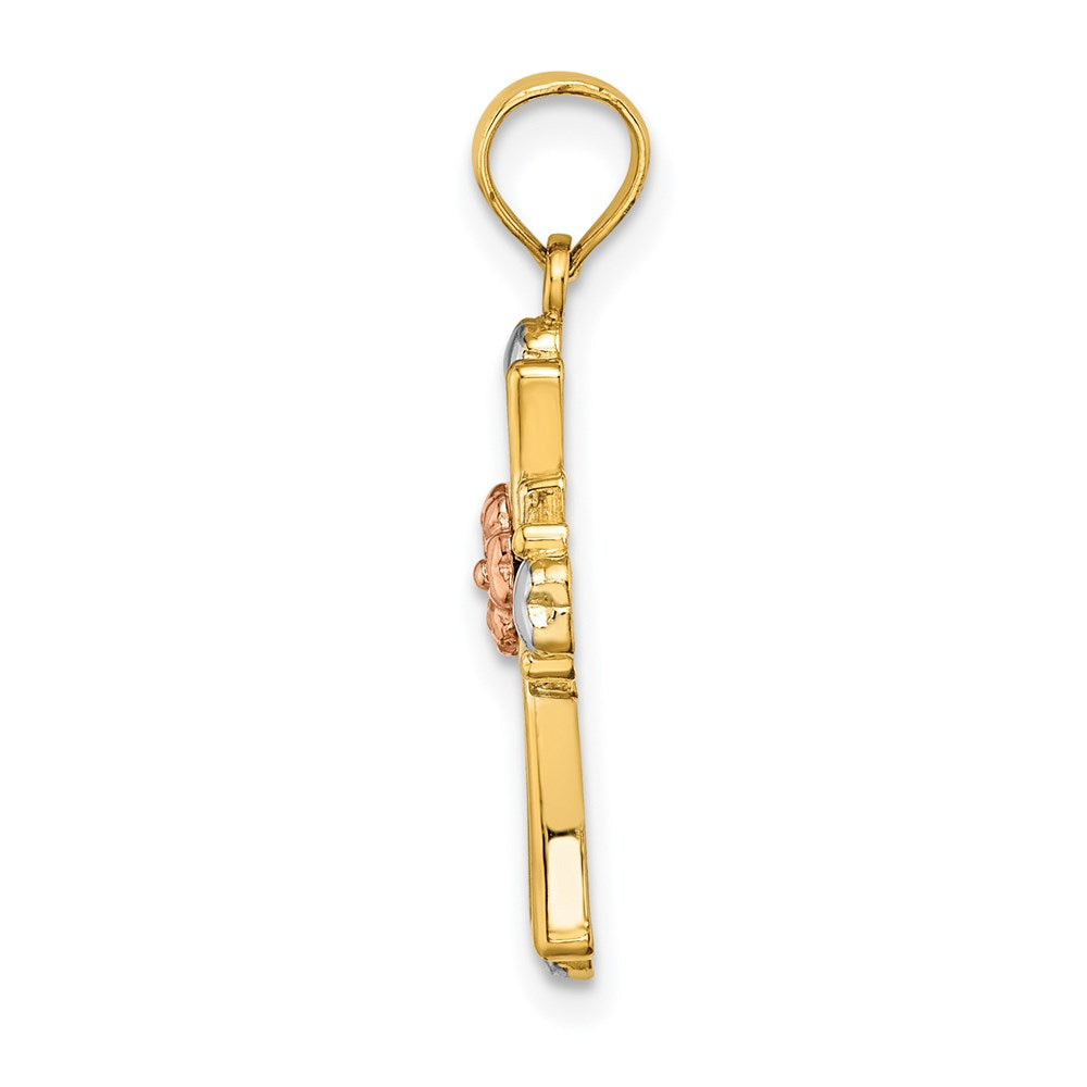 14K Two-Tone W/White Rhodium Cross W/Flower And Heart Charm