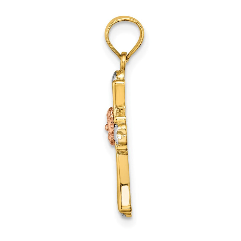 14K Two-Tone W/White Rhodium Cross W/Flower And Heart Charm
