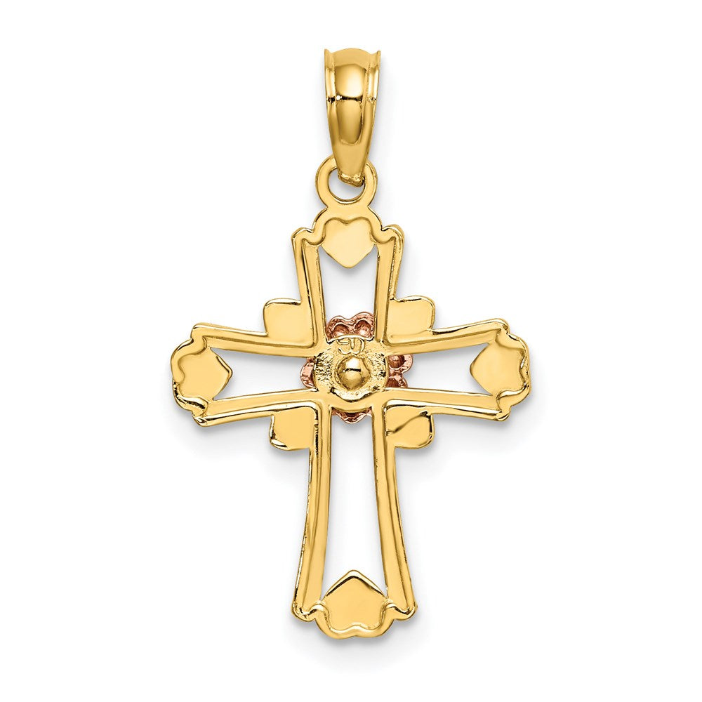 14K Two-Tone W/White Rhodium Cross W/Flower And Heart Charm