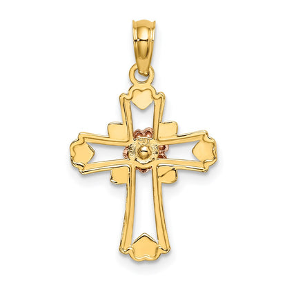 14K Two-Tone W/White Rhodium Cross W/Flower And Heart Charm