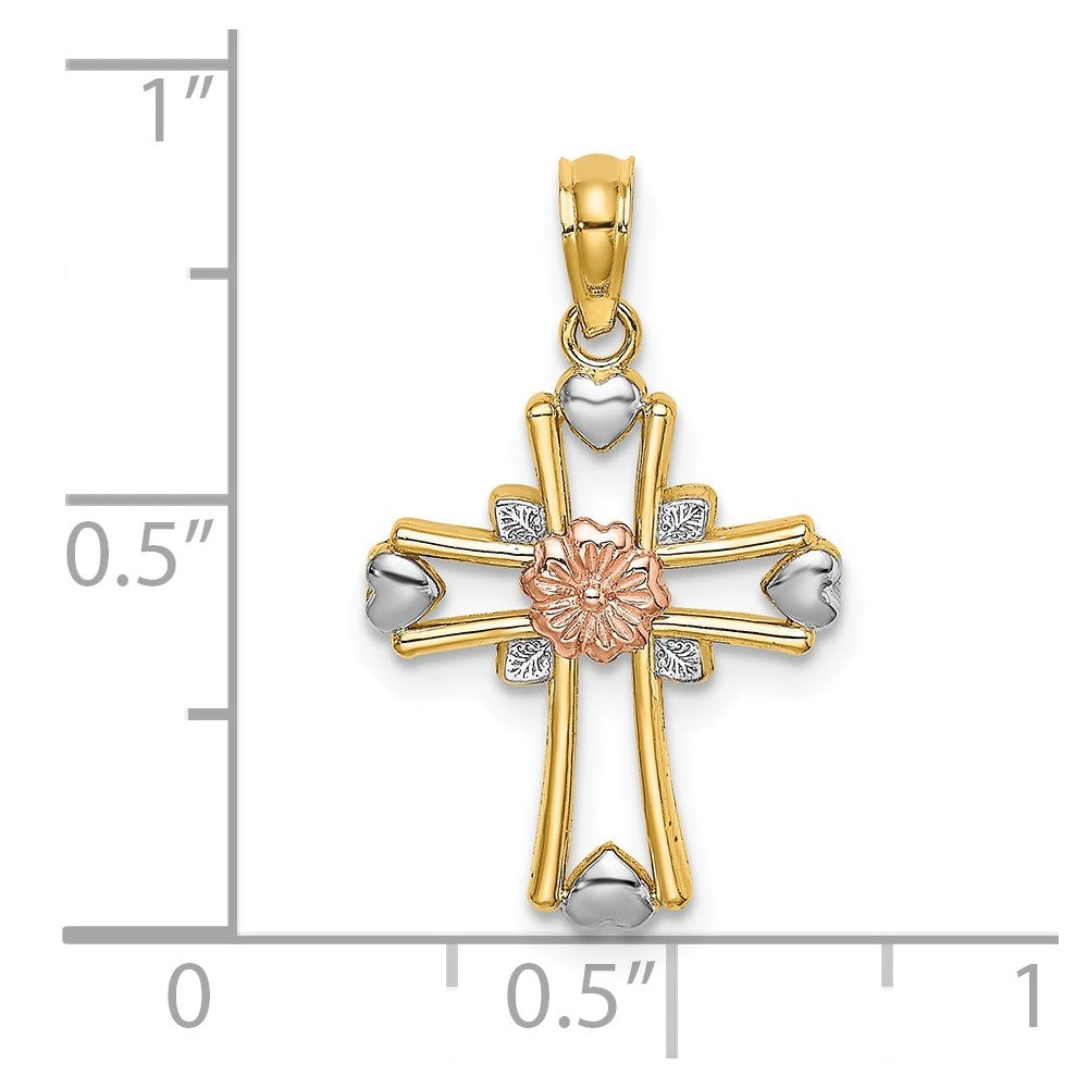 14K Two-Tone W/White Rhodium Cross W/Flower And Heart Charm