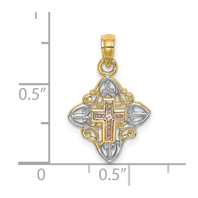 14K Two-Tone W/White Rhodium Cross Inside Frame Charm