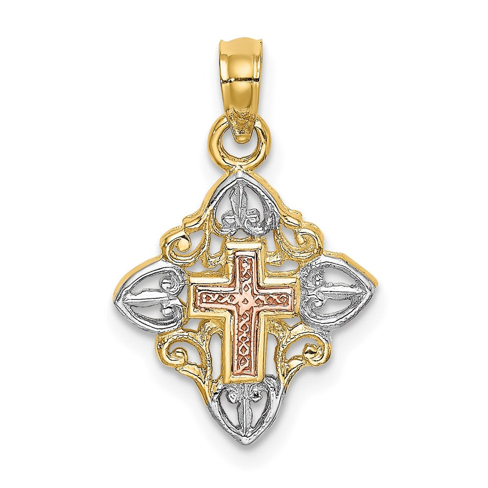 14K Two-Tone W/White Rhodium Cross Inside Frame Charm