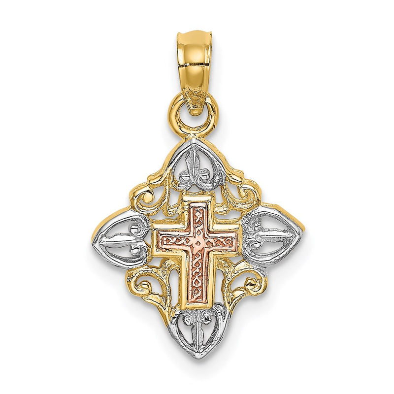 14K Two-Tone W/White Rhodium Cross Inside Frame Charm