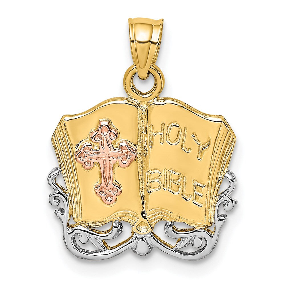 14K Two-Tone W/White Rhodium Holy Bible W/Cross Charm