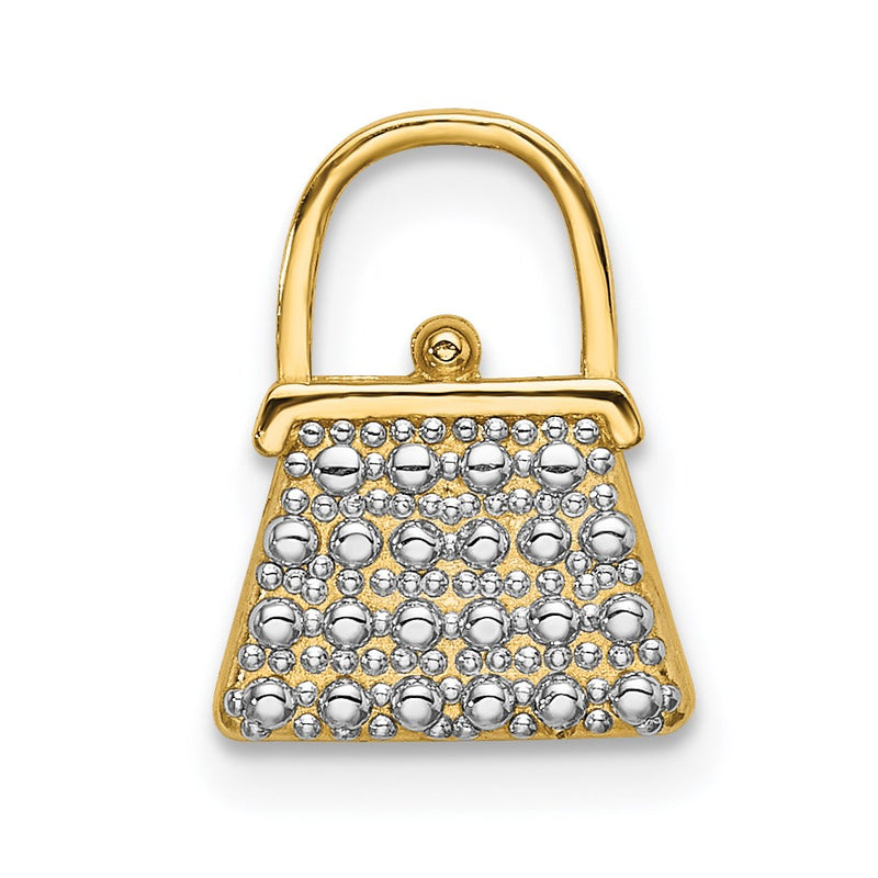 14K Yellow & Rhodium W/ Textured And Polished Purse Charm