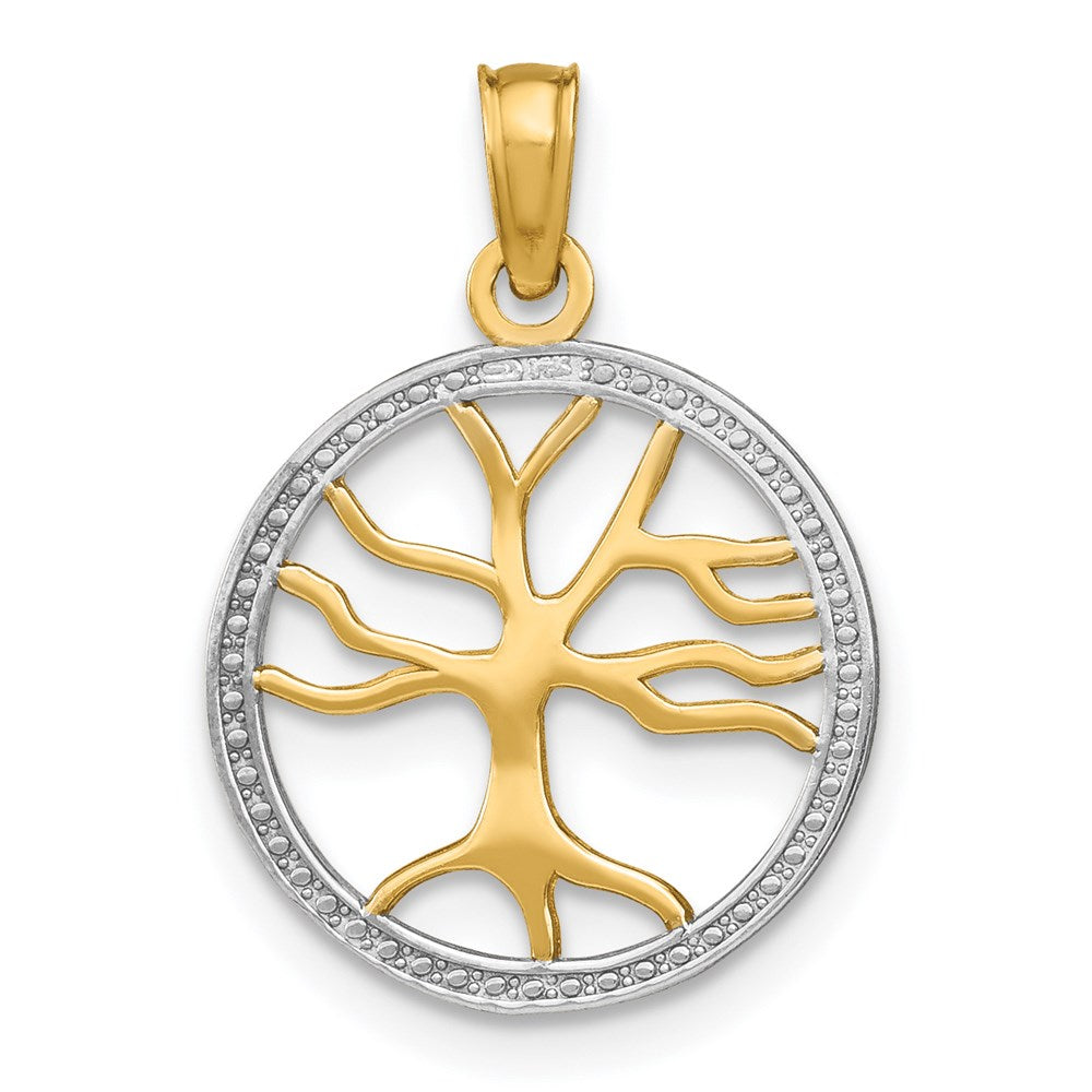 14K Yellow & Rhodium W/Rhodium Tree Of Life In Round Frame Charm