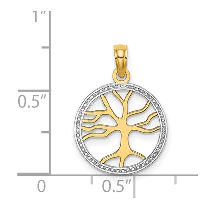 14K Yellow & Rhodium W/Rhodium Tree Of Life In Round Frame Charm