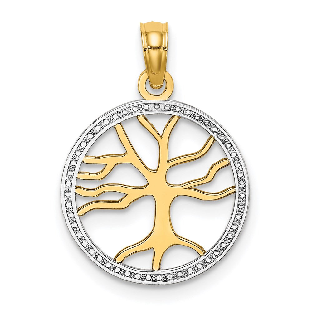 14K Yellow & Rhodium W/Rhodium Tree Of Life In Round Frame Charm