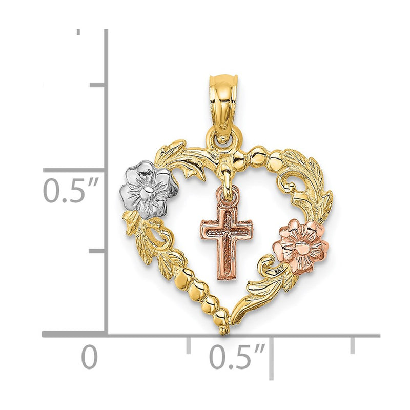 14K Two-Tone W/White Rhodium Heart W/Cross And Flowers Charm