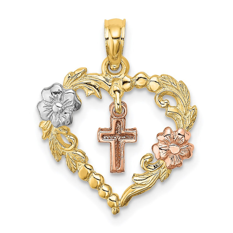 14K Two-Tone W/White Rhodium Heart W/Cross And Flowers Charm