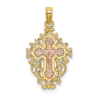 14K Two-Tone Two Tone W/ Lace Trim Crucifix Charm