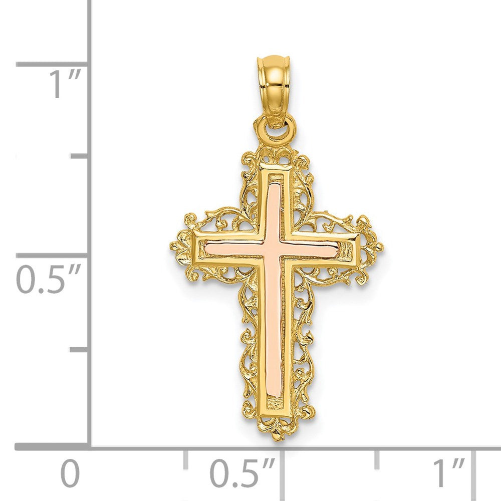 14K Two-Tone Cross W/ Lace Trim Charm