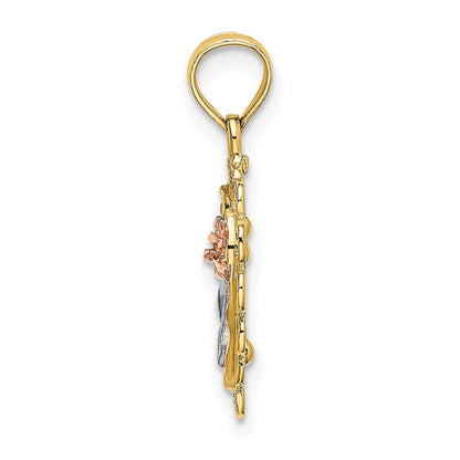 14K Two-Tone White Rhodium Heart W/ Rose And Lace Trim Charm