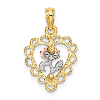 14K Two-Tone White Rhodium Heart W/ Rose And Lace Trim Charm