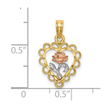 14K Two-Tone White Rhodium Heart W/ Rose And Lace Trim Charm