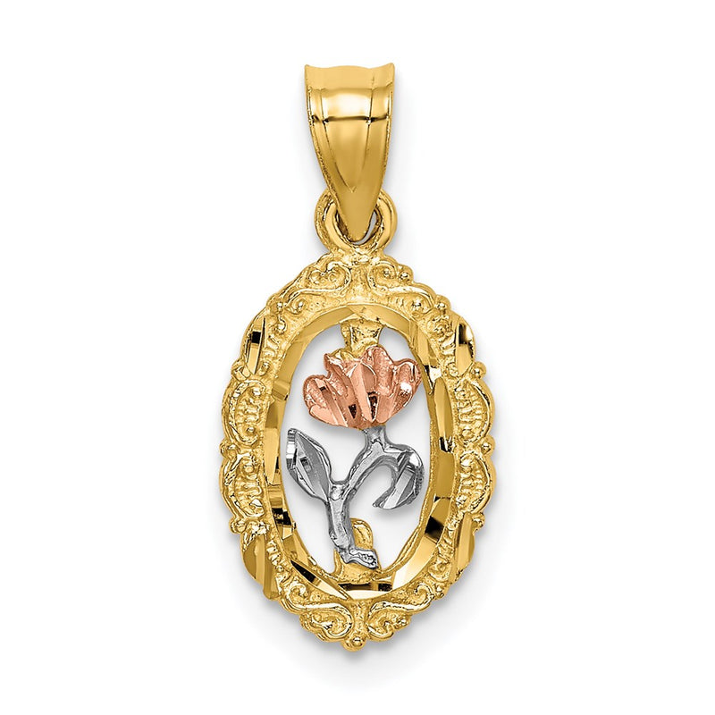 14K Two-Tone W/White Rhodium Rose In Oval Frame Charm